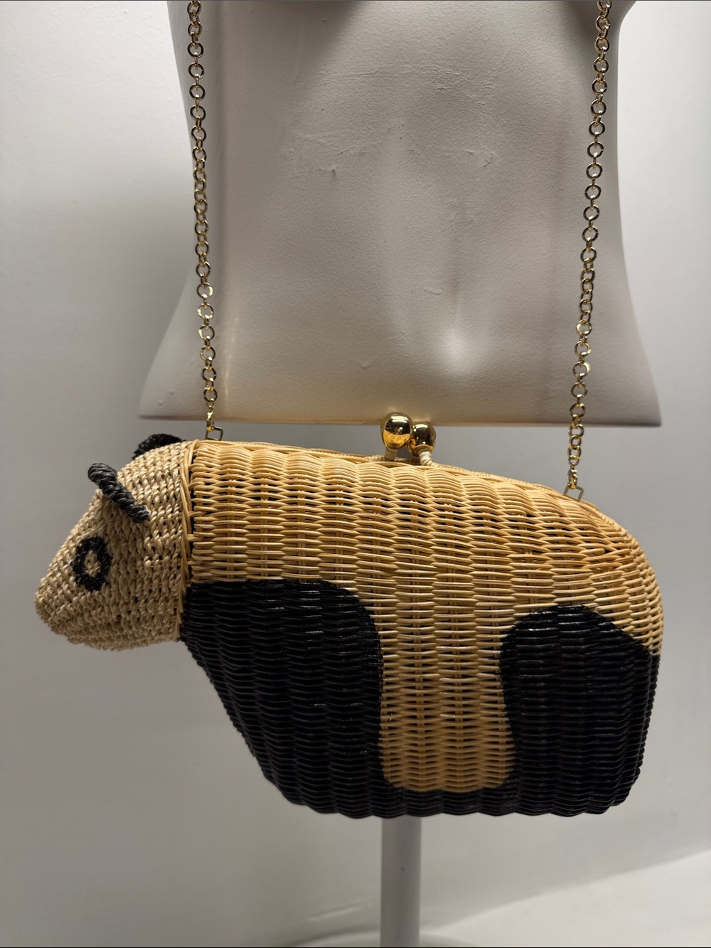 Serpui Wicker Panda Animal Bag Shoulder Purse Chain Strap or Clutch Tan Black - Picture 4 of 11
